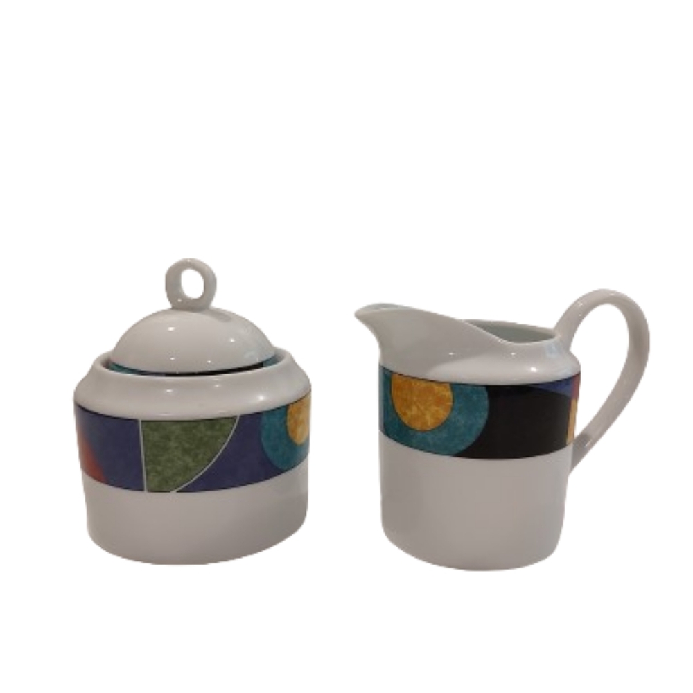 Mikasa Currents Porcelain Sugar Bowl With Lid and Creamer Set Retro 90s